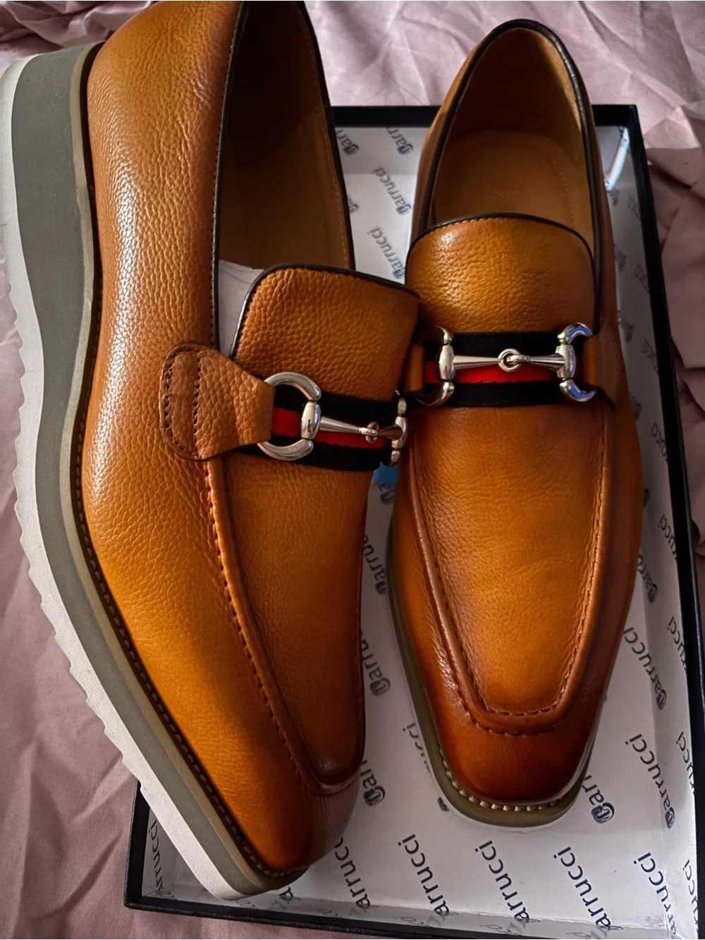Men's Tan Leather Bit Loafers with Webbing Accent